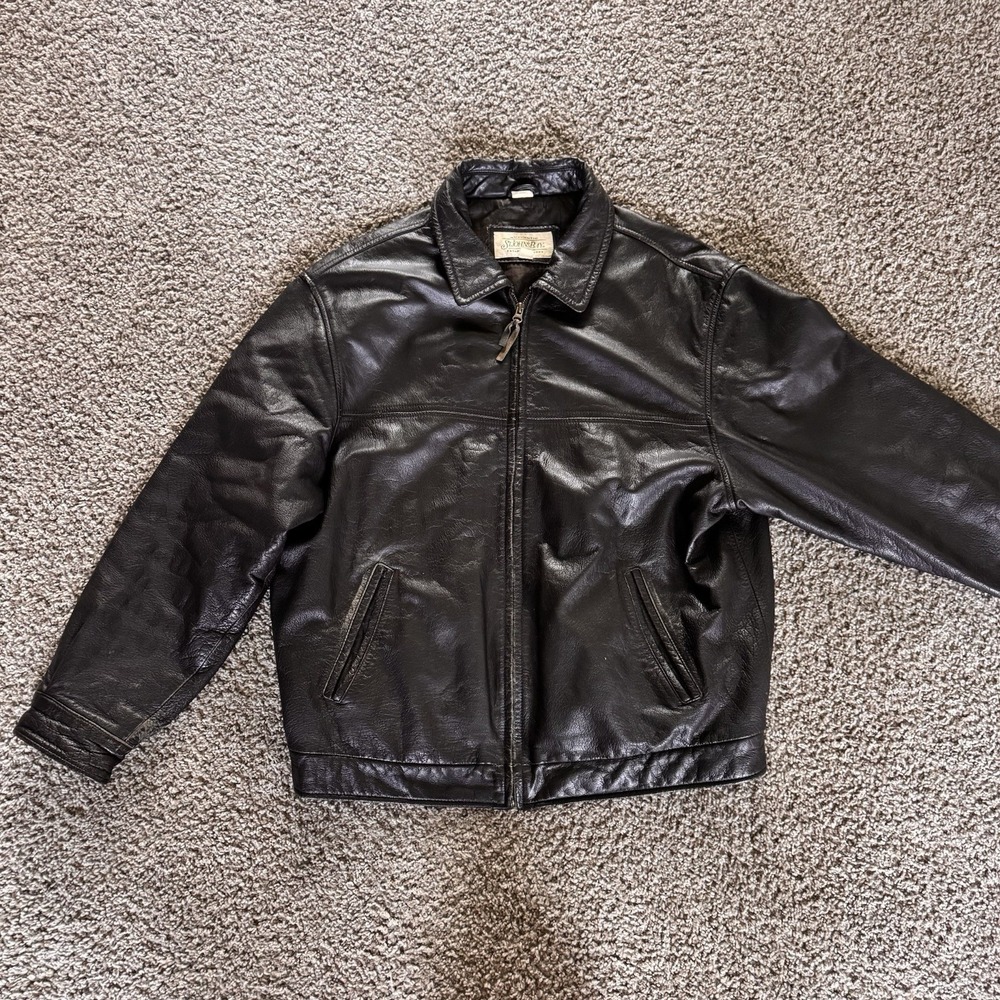 St. John's Bay Men's Brown/Black Leather Bomber Jacket Lined, Size L/G